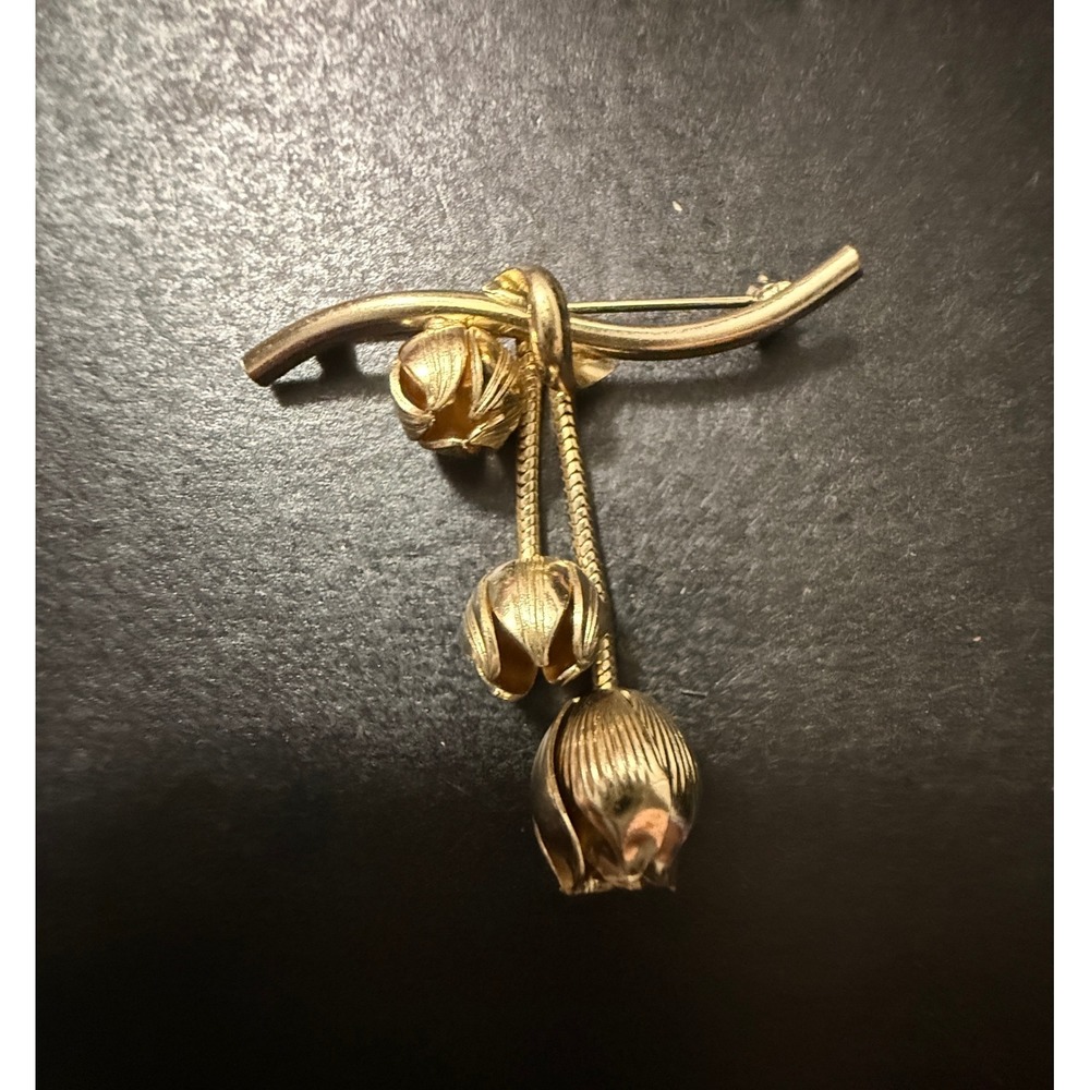 Napier Gold Tone Tulip Flower Brooch Pin Dangle Charm Vintage Style‎ Elegant